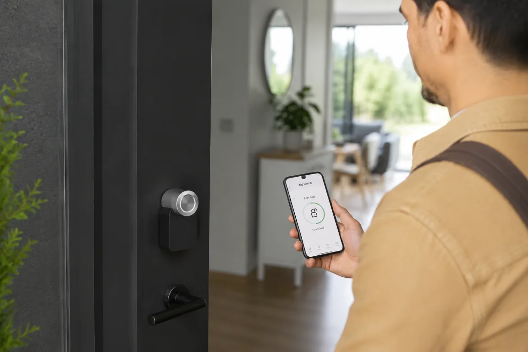A guest opening the door with an access code on the smart lock