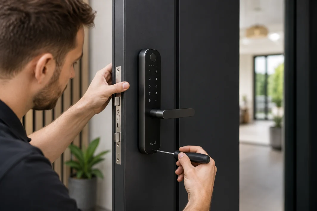 An installer fitting a smart lock to an existing door